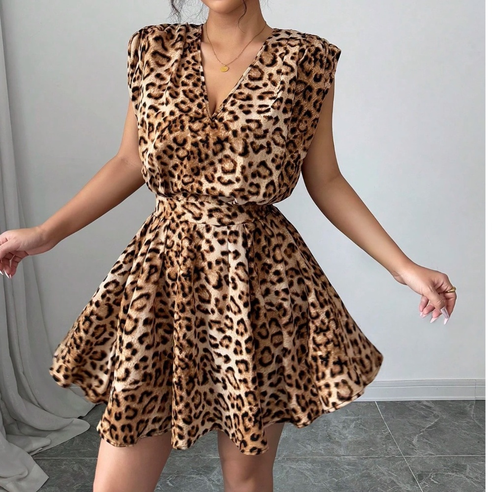 Leopard Print V neck Open Back Ruffle Hem Mini Dress